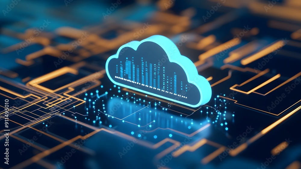 Poster digital illustration of cloud computing technology, showcasing data storage and network solutions li