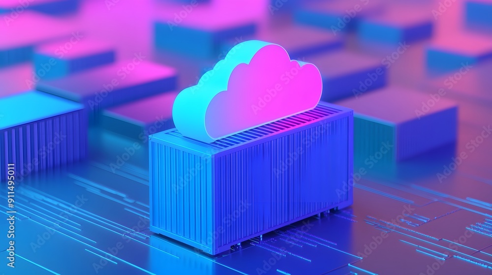 Poster digital illustration of cloud computing technology, showcasing a cloud on top of a container in a vi