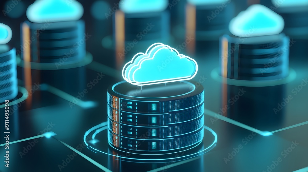 Poster digital illustration of cloud computing technology with data storage centers, showcasing modern clou