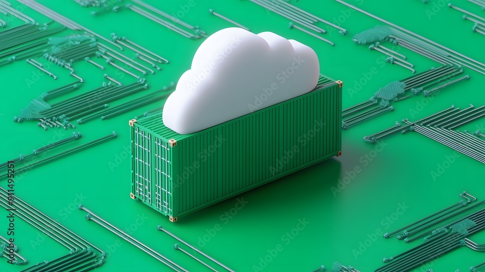 Poster digital illustration of cloud storage with server container on a green circuit board symbolizing tec