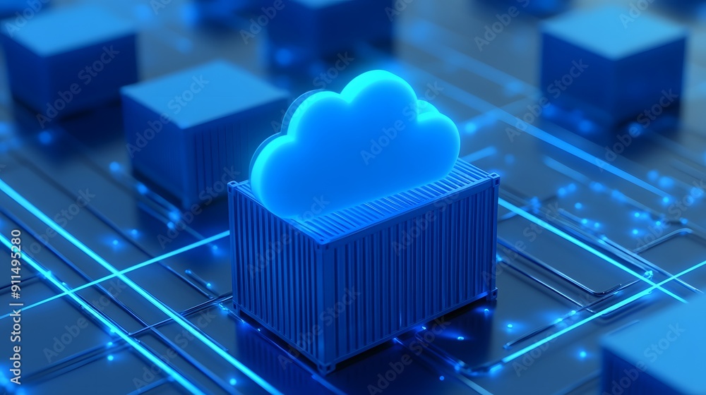 Poster digital illustration of cloud technology and data storage server concept with blue glowing cloud ico