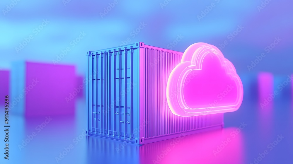 Poster digital illustration of cloud technology with a glowing pink cloud and a shipping container. represe