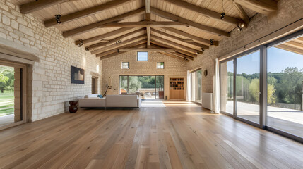 A spacious room with wooden beams on the ceiling. stone walls and wooden floor in an old village house 