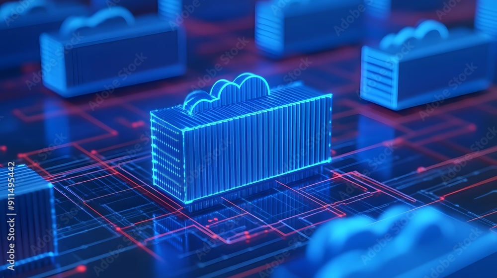 Poster digital rendering of a cloud computing system with data blocks and network connections. futuristic t