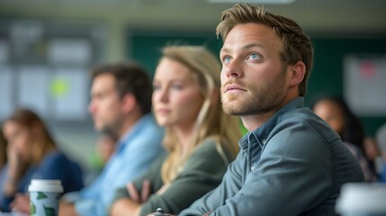 A group of new customer service representatives, attentively listening to a trainer in a modern classroom setting. The background includes whiteboards and training materials,
