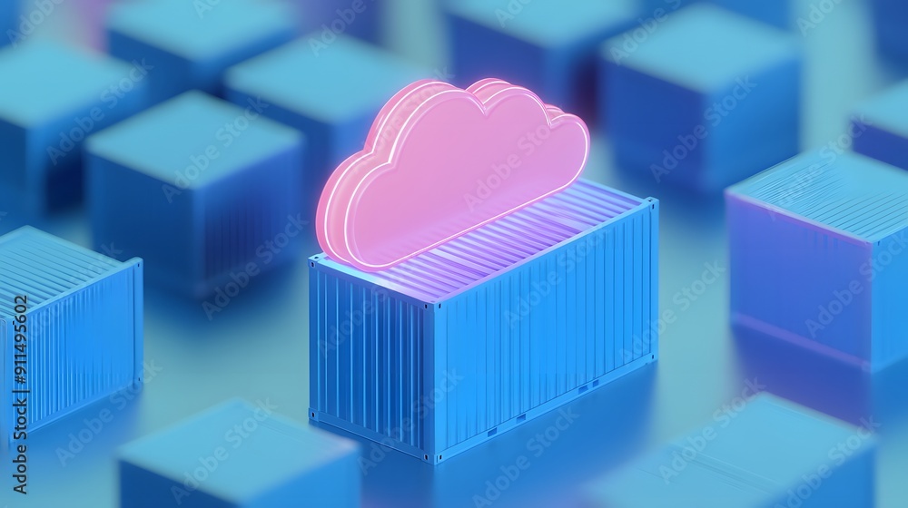 Poster digital rendering of a glowing cloud icon on a blue container, representing cloud computing and tech