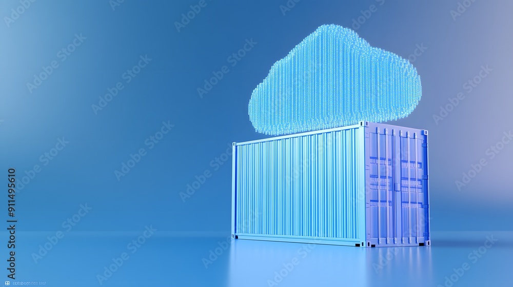 Poster digital rendering of a shipping container and cloud icon symbolizing cloud computing and data storag