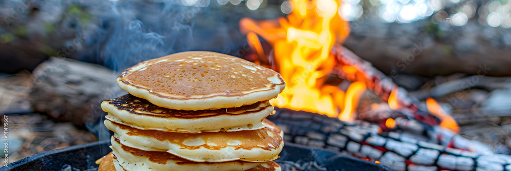 Poster a stack of golden pancakes being cooked on an open cast iron griddle over the fire. in a front view.