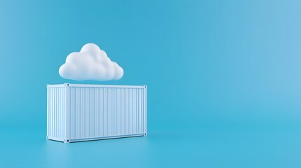 Digital rendering of a shipping container with a cloud above, symbolizing cloud storage or data management, on a blue background.