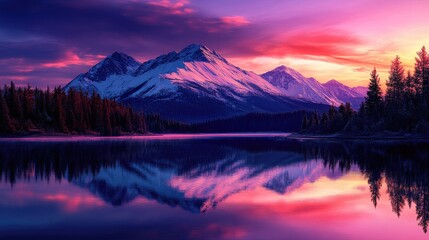 Snowy mountain peaks reflecting in a serene lake at sunset, with a colorful purple sky overhead