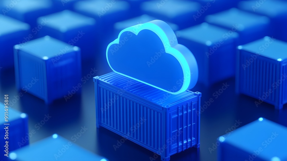 Poster digital rendering of cloud storage containers concept, emphasizing cloud computing and data manageme
