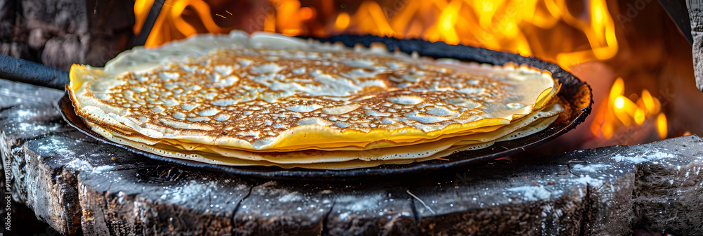 Poster a stack of golden pancakes being cooked on an open cast iron griddle over the fire. in a front view.
