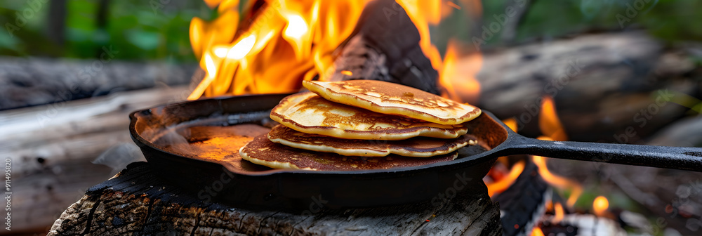Poster a stack of golden pancakes being cooked on an open cast iron griddle over the fire. in a front view.