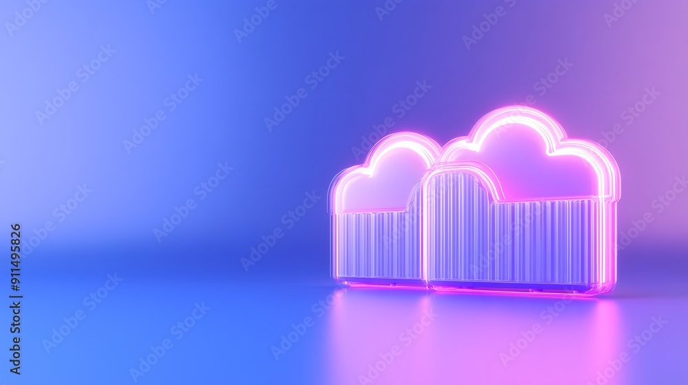 Poster digital rendering of two neon pink cloud icons against a blue and purple gradient background, symbol