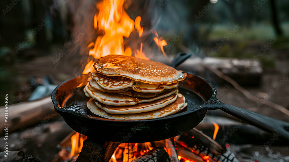 Poster a stack of golden pancakes being cooked on an open cast iron griddle over the fire. in a front view.