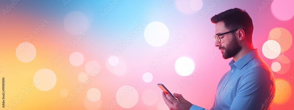 Poster management, algorithm developer managing projects via smartphone, in a modern office