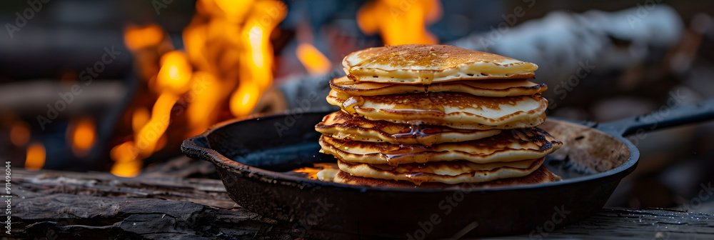 Poster a stack of golden pancakes sizzling on an open cast iron griddle. surrounded by the rustic charm and