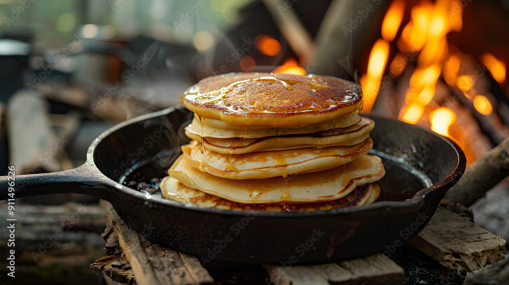 Poster a stack of golden pancakes sizzling on an open cast iron griddle. surrounded by the rustic charm and