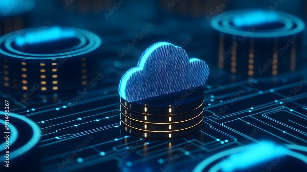 Poster digital representation of cloud computing, featuring a blue neon cloud icon amidst intricate circuit
