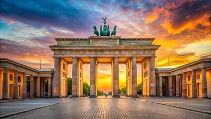 A Postcard Depicting the Brandenburg Gate Bathed in the Warm Hues of a Sunset  AI generated