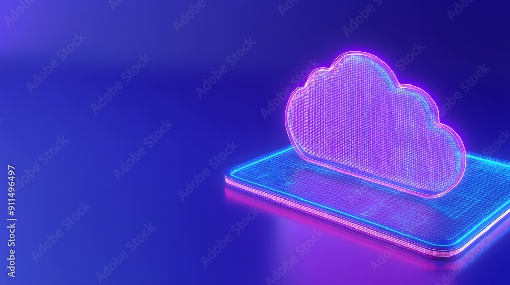Aufkleber digital representation of cloud computing technology with a neon cloud above a tablet on a vibrant b