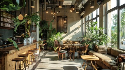 Fototapeta premium Cozy sunlit cafe room with a colorful couch, wooden furniture, and indoor plants creating a warm atmosphere.