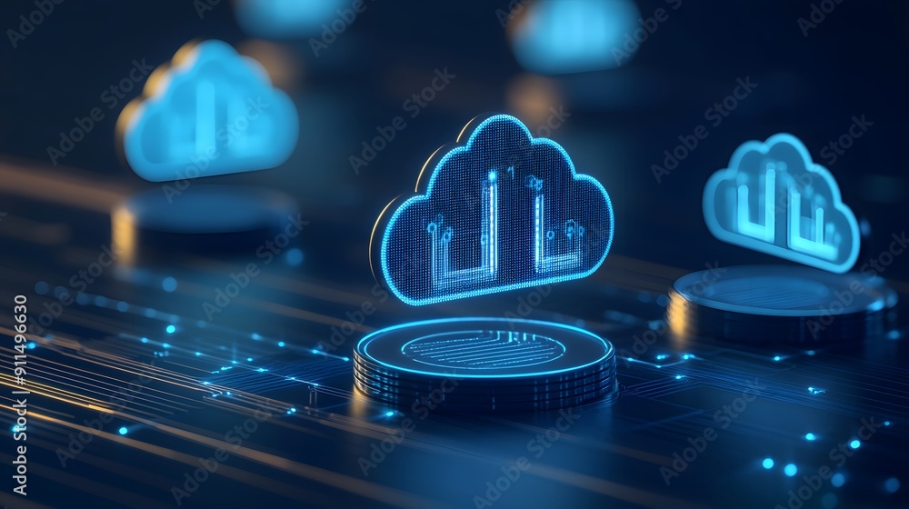 Aufkleber digital representation of cloud computing technology with neon-blue cloud icons, symbolizing data st