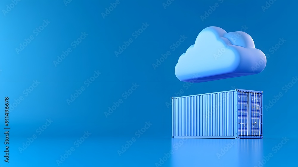 Poster digital representation of cloud computing with a cloud above a container on a blue background, conve