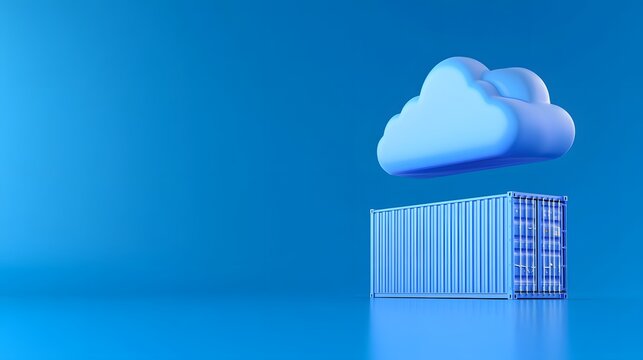 Digital representation of cloud computing with a cloud above a container on a blue background, conveying technological innovation.