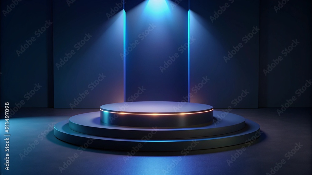 Poster black podium or pedestal display on dark background with long platform. blank product shelf standing