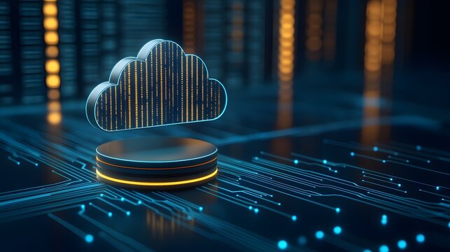 Futuristic 3D cloud computing concept with glowing circuits and server background, symbolizing technology and digital data storage.