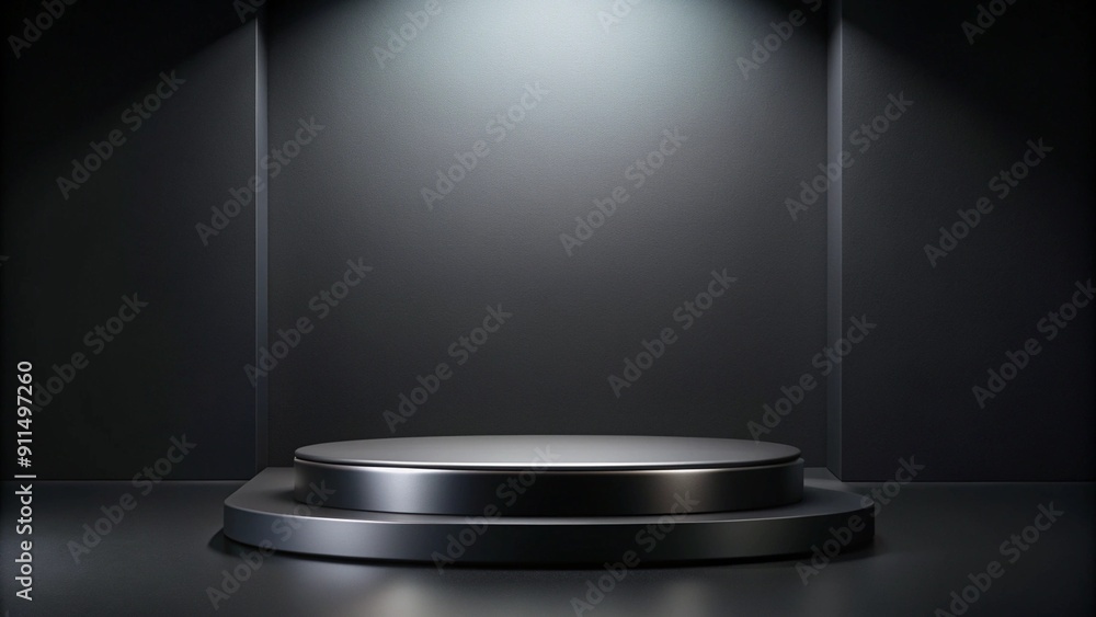 Poster black podium or pedestal display on dark background with long platform. blank product shelf standing