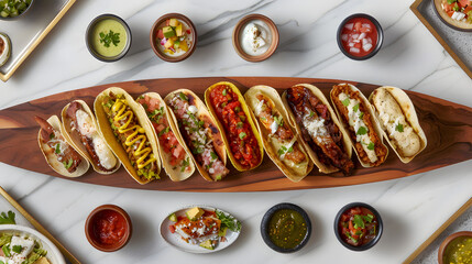 A variety of tacos with different fillings on an oval wooden platter surrounded by salsas and melted cheese in small bowls 