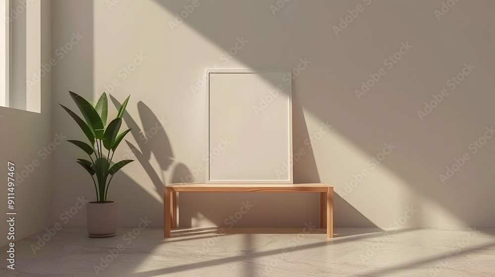 Poster a vertical blank poster frame with a white background leaning against an empty wall in the middle of