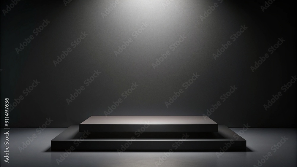 Aufkleber black podium or pedestal display on dark background with long platform. blank product shelf standing