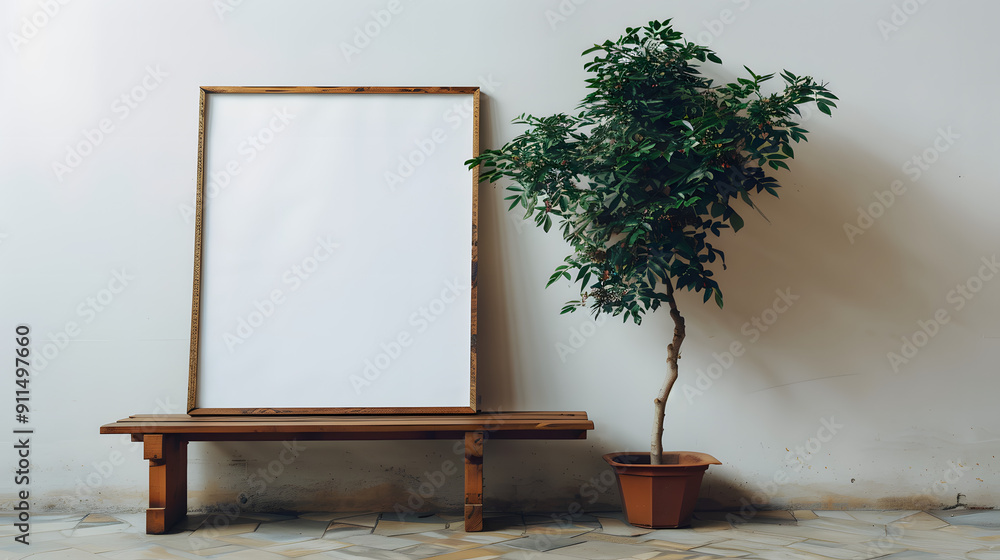 Poster a vertical blank poster frame with a white background leaning against an empty wall in the middle of