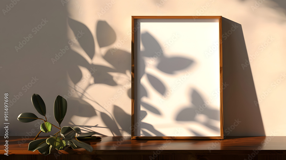 Poster A vertical blank poster frame with a white background leaning against an empty wall in the middle of a minimalist wooden console table 