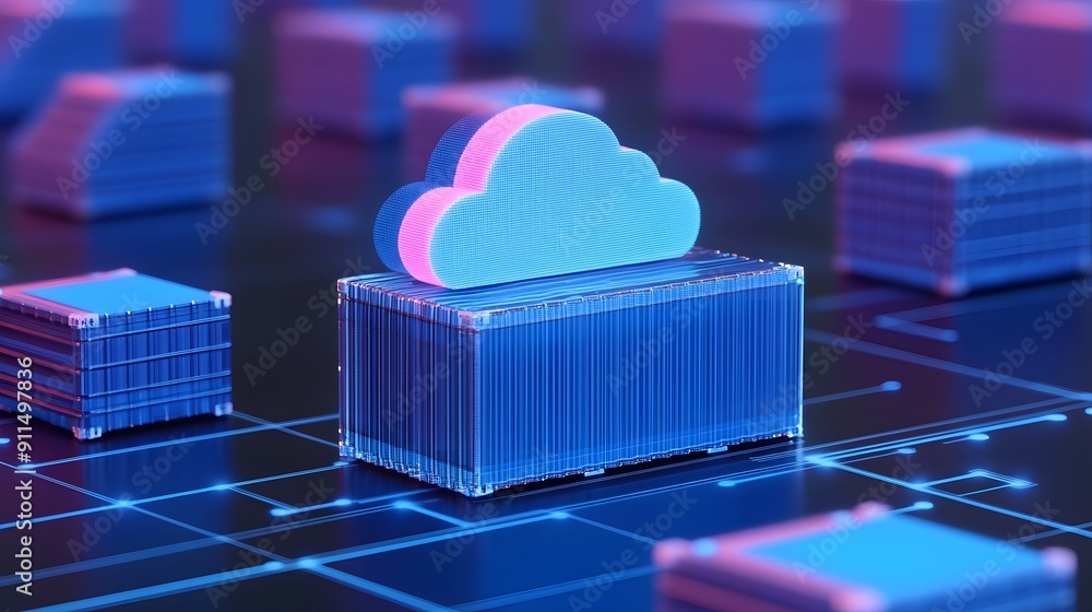 Poster futuristic cloud computing and data storage technology concept with digital cloud icons and blue cub