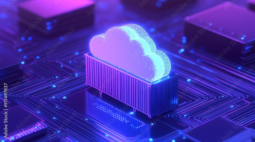 Aufkleber futuristic cloud computing and data storage technology concept, glowing cloud icon on circuit board.