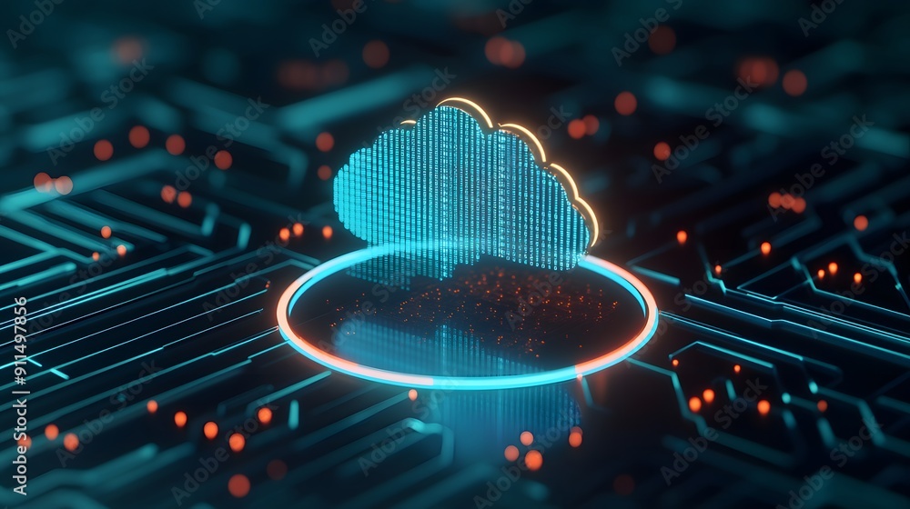 Poster futuristic cloud computing concept, digital data storage hologram on electronic circuit board, techn