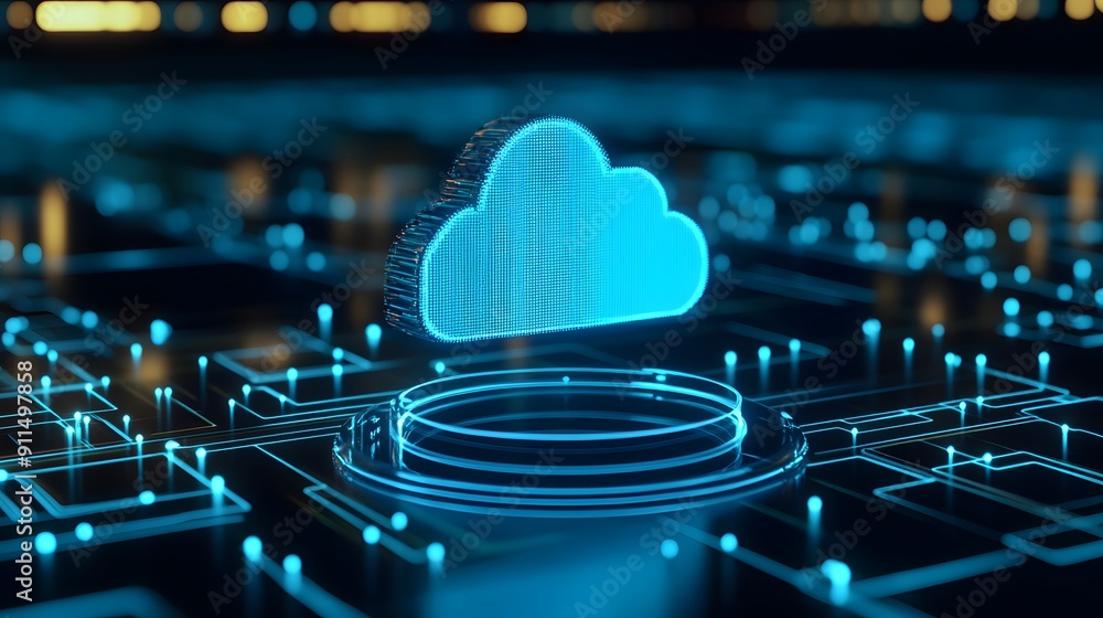 Poster futuristic cloud computing concept, digital data storage, secure tech, and virtual network infrastru