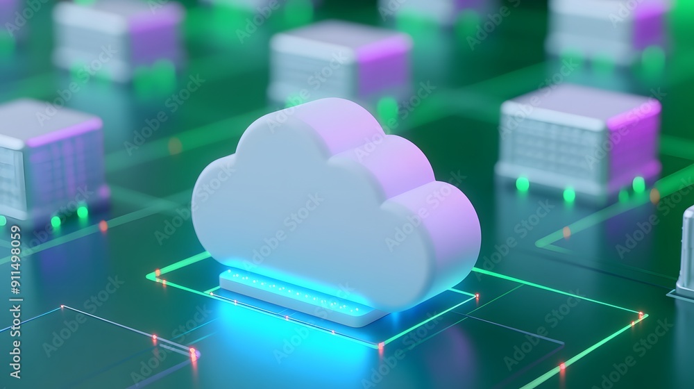 Poster futuristic cloud computing concept showing a glowing cloud icon amidst servers in a virtual network 
