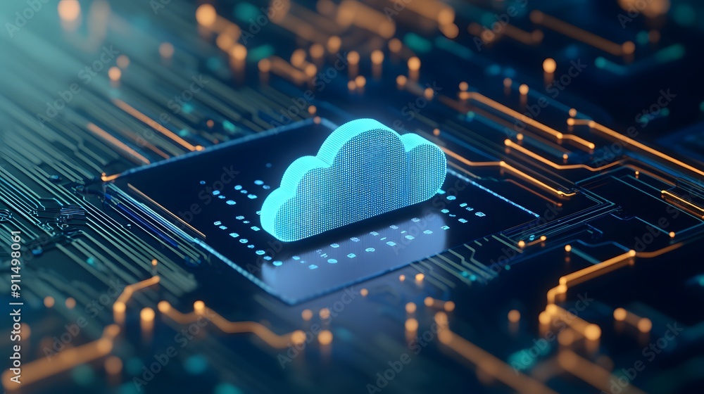 Poster futuristic cloud computing concept. digital cloud symbol on circuit board, representing data storage