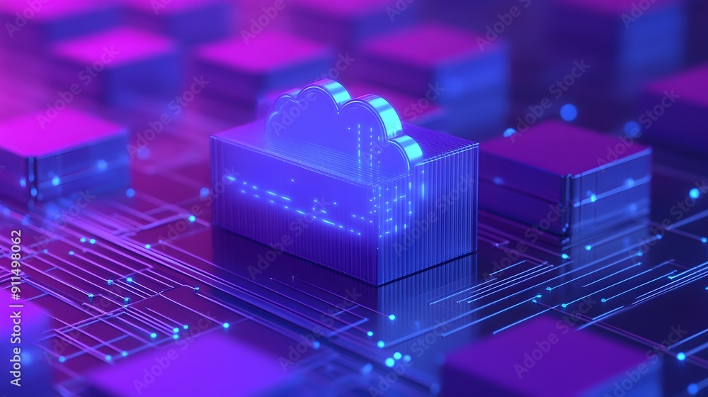 Poster futuristic cloud computing concept rendering on a vibrant purple and blue abstract digital backgroun