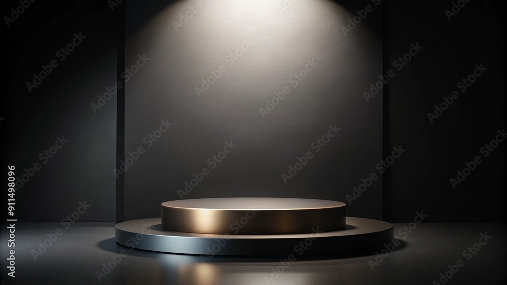 Poster black podium or pedestal display on dark background with long platform. blank product shelf standing