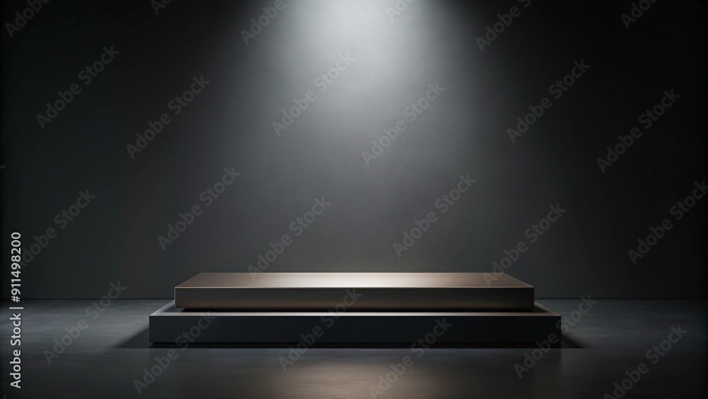 Poster black podium or pedestal display on dark background with long platform. blank product shelf standing