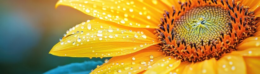Sunflower Petals: Macro Shot with Dew Drops in Watercolor Style