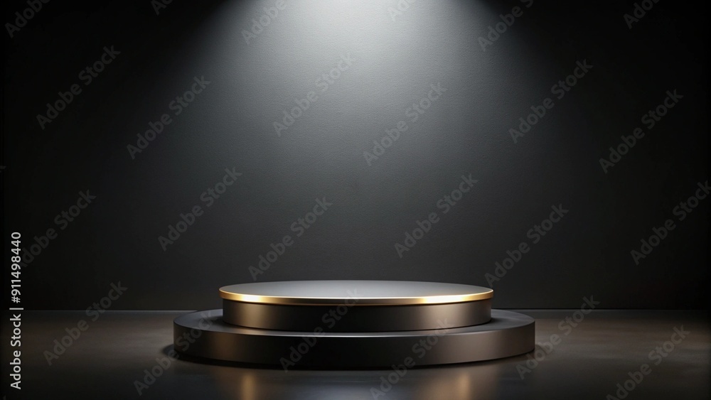 Poster black podium or pedestal display on dark background with long platform. blank product shelf standing