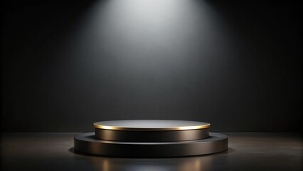 Black podium or pedestal display on dark background with long platform. Blank product shelf standing backdrop. 3D rendering.
