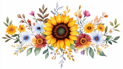 Blooming Beauty - Sunflower Arrangement with Vibrant Mix of Wildflowers in Watercolor Style